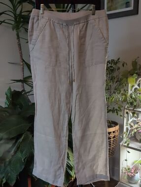 Ellen Tracy Natural Straight-Leg 100% Linen Drawstring Pants